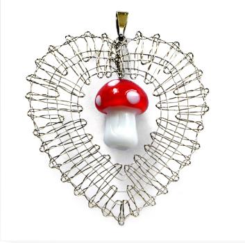 Preview: 515 Bastelset Schmuck-Anhänger „Pilz im Blättchen“ mit 1 farbigen Glas-Pilz